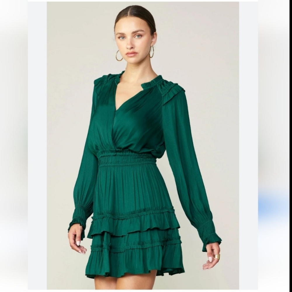 GLAM LA Blouson Mini Dress Ruffle Trim Forest Green M/L NWT Cottagecore